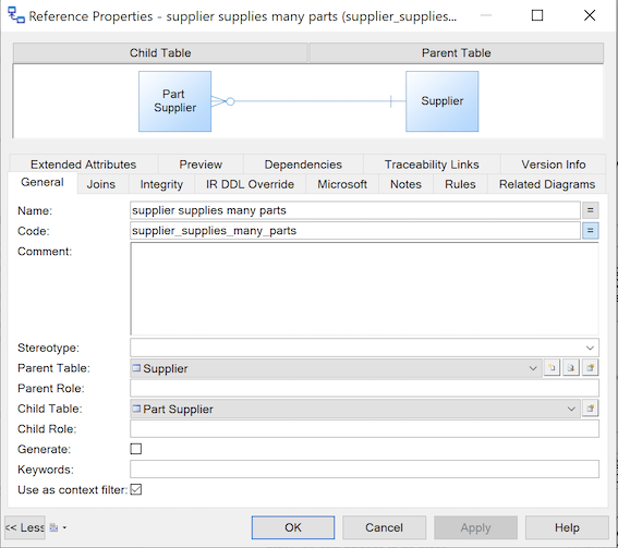 Reference "supplier supplies many parts" with use context as filter option on