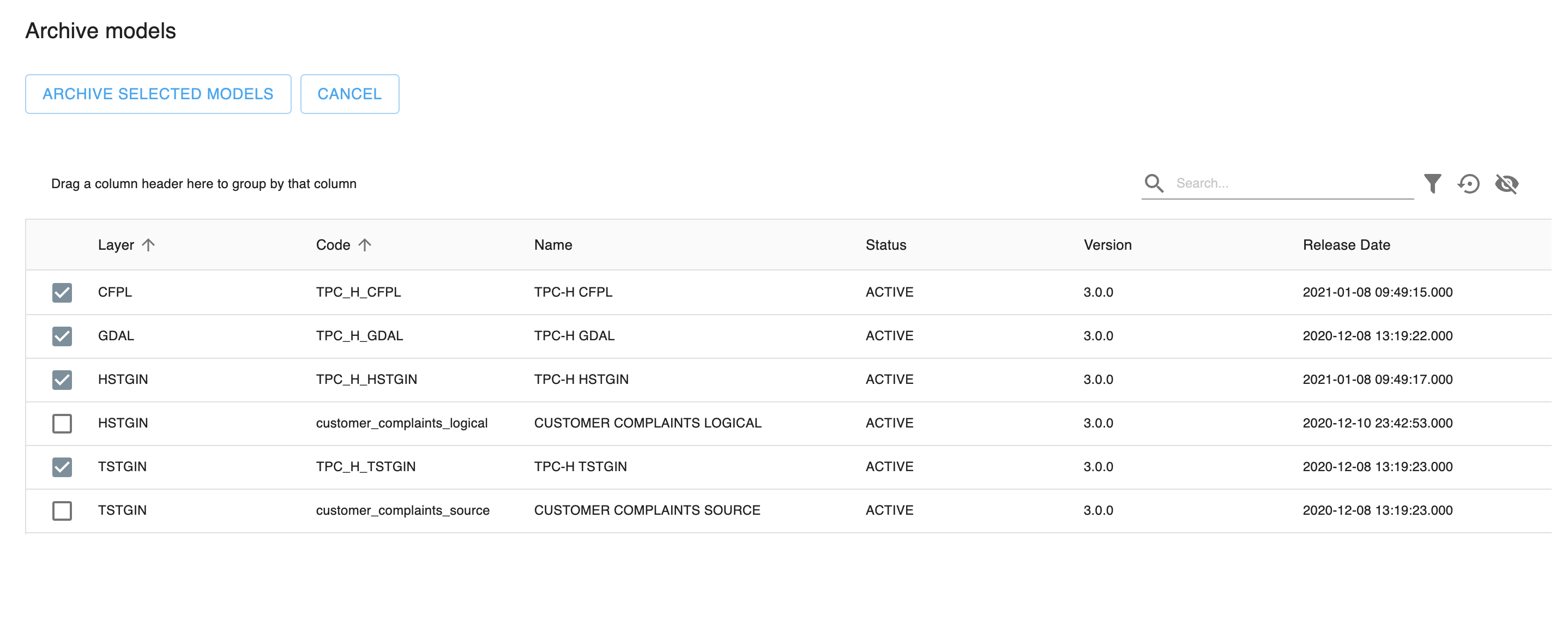 Dialog select models for archive