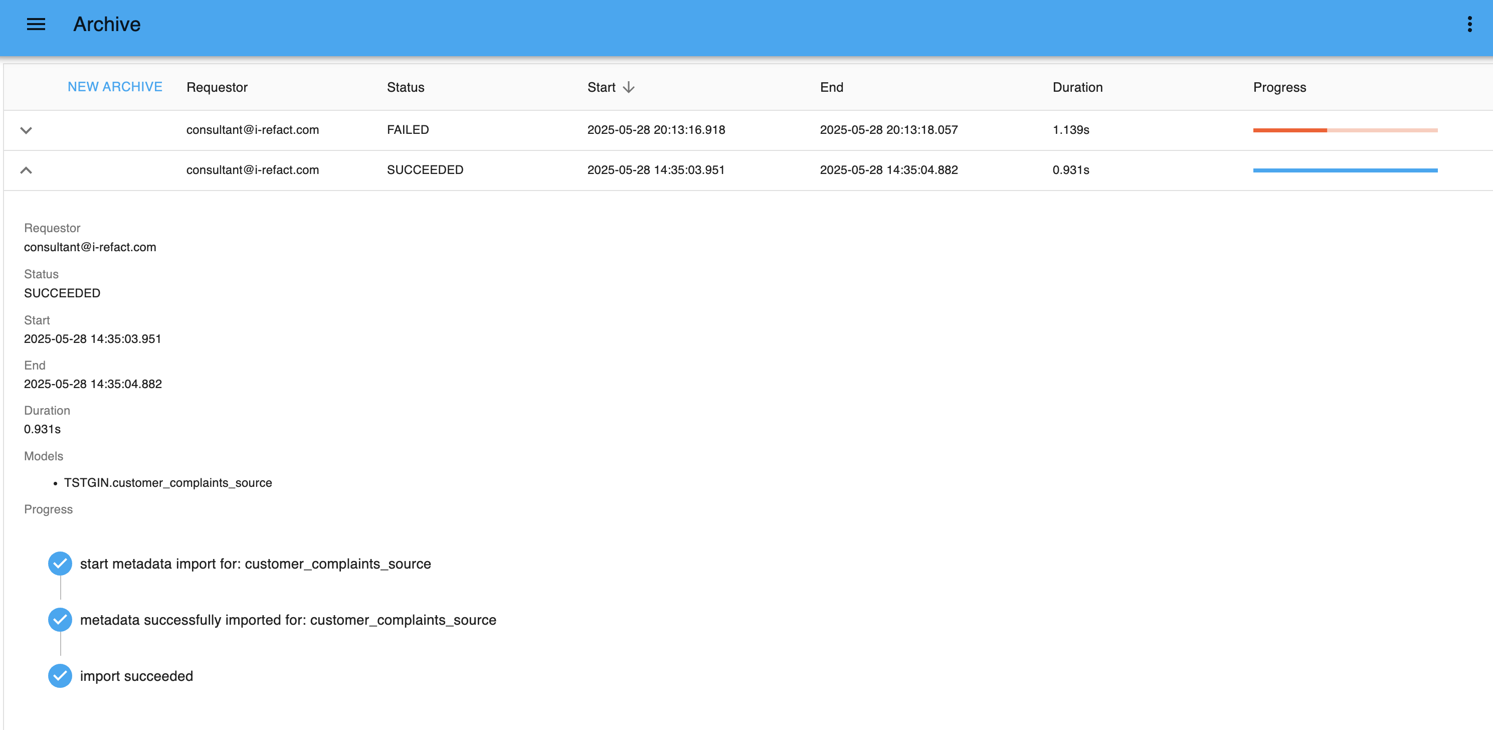 Import metadata succeeded