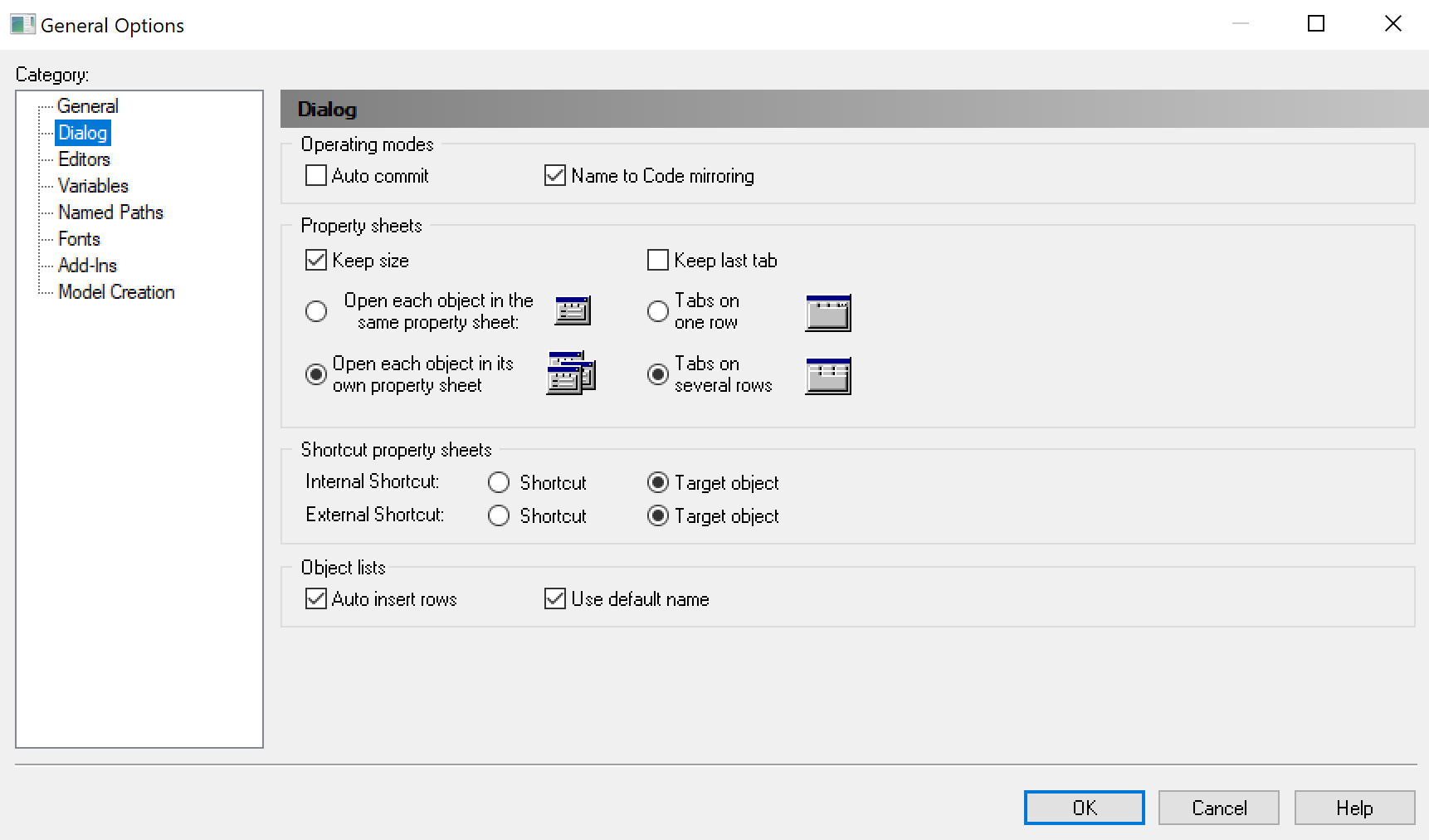 PowerDesigner change dialog settings in general options