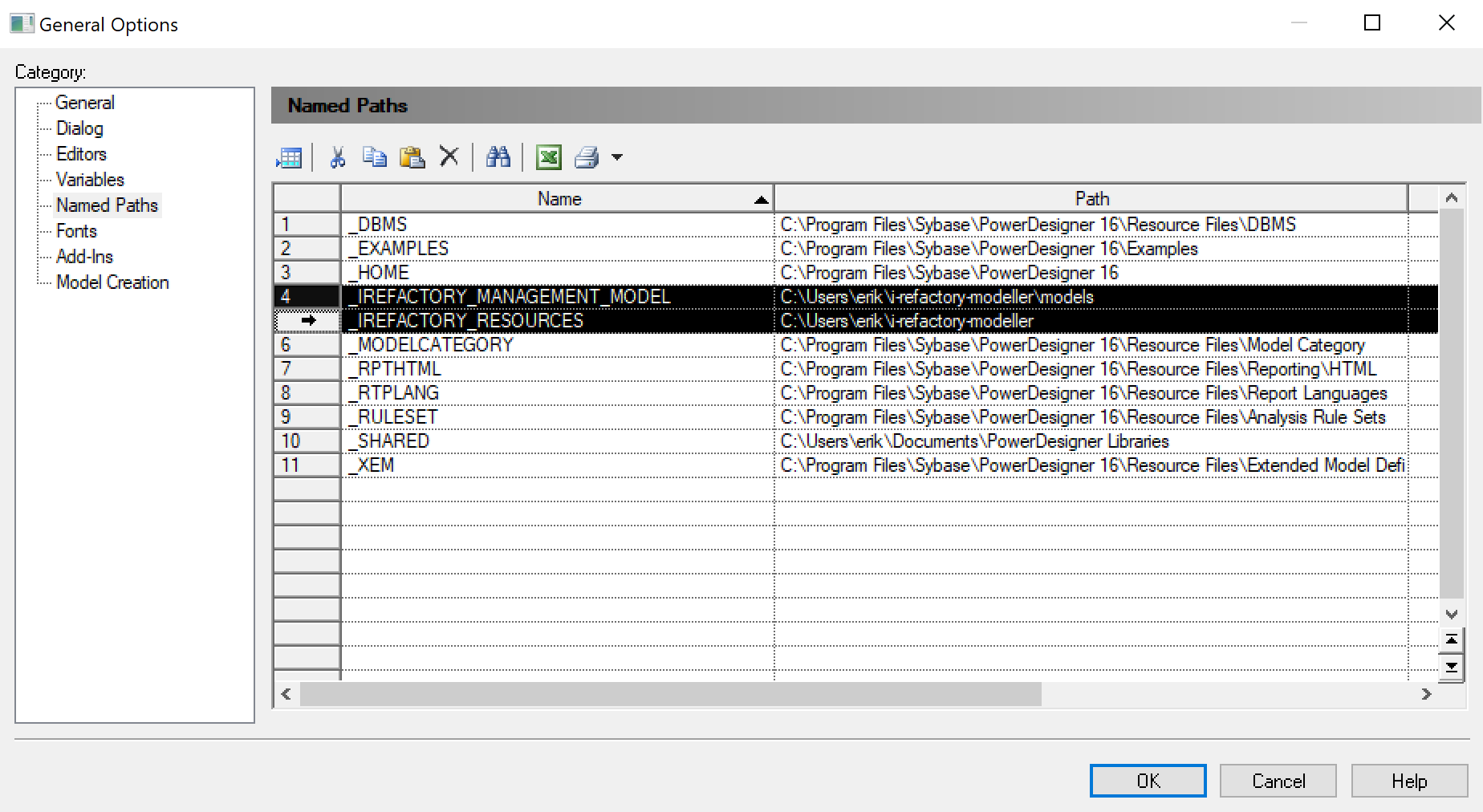 PowerDesigner create named path variables