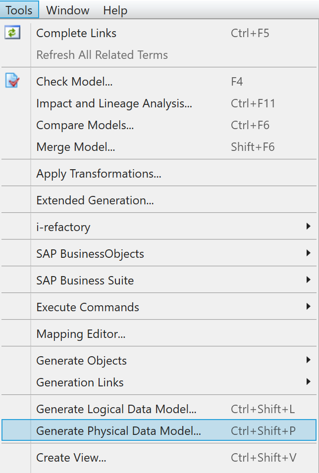 Menu Generate Physical Data Model