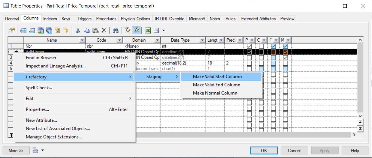 Menu make valid time column