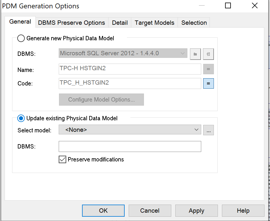 Menu Update Existing Physical Data Model