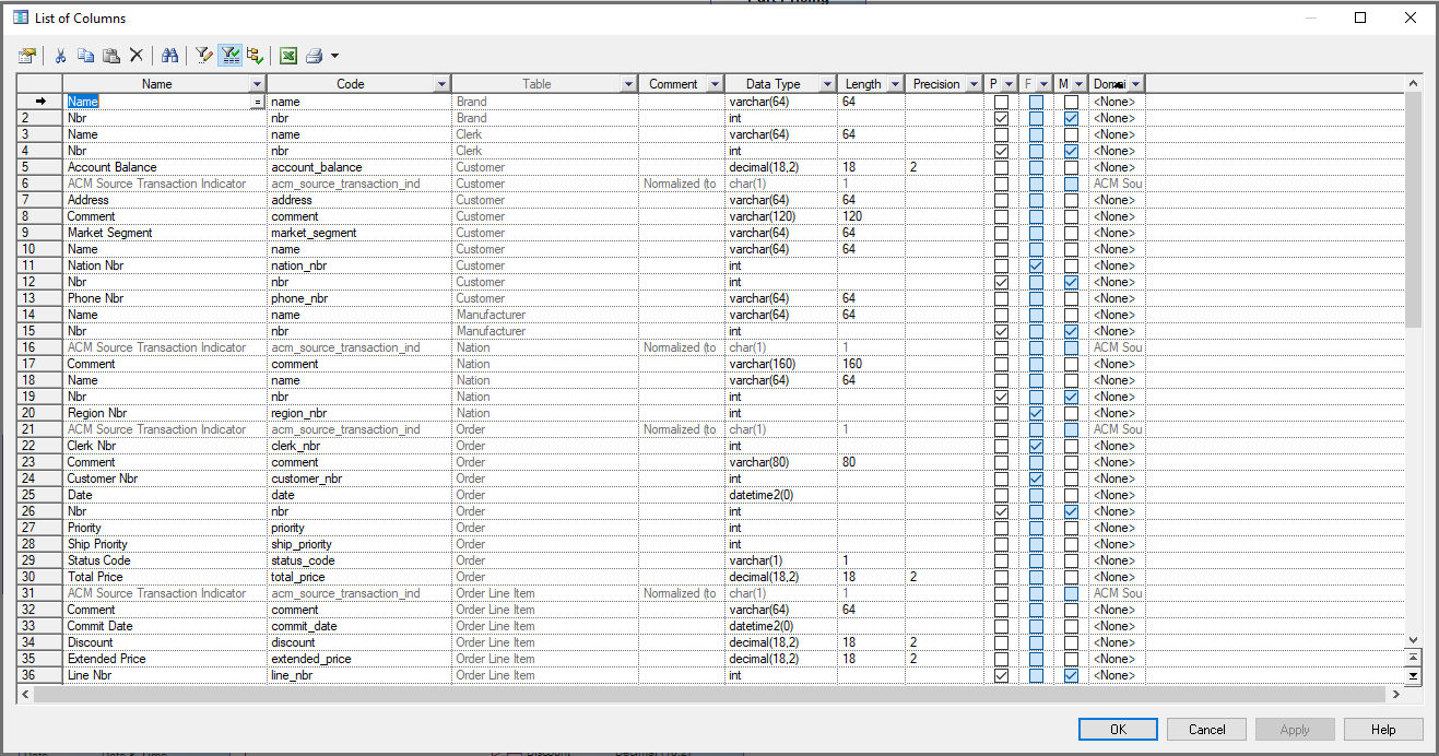 Window List of Columns